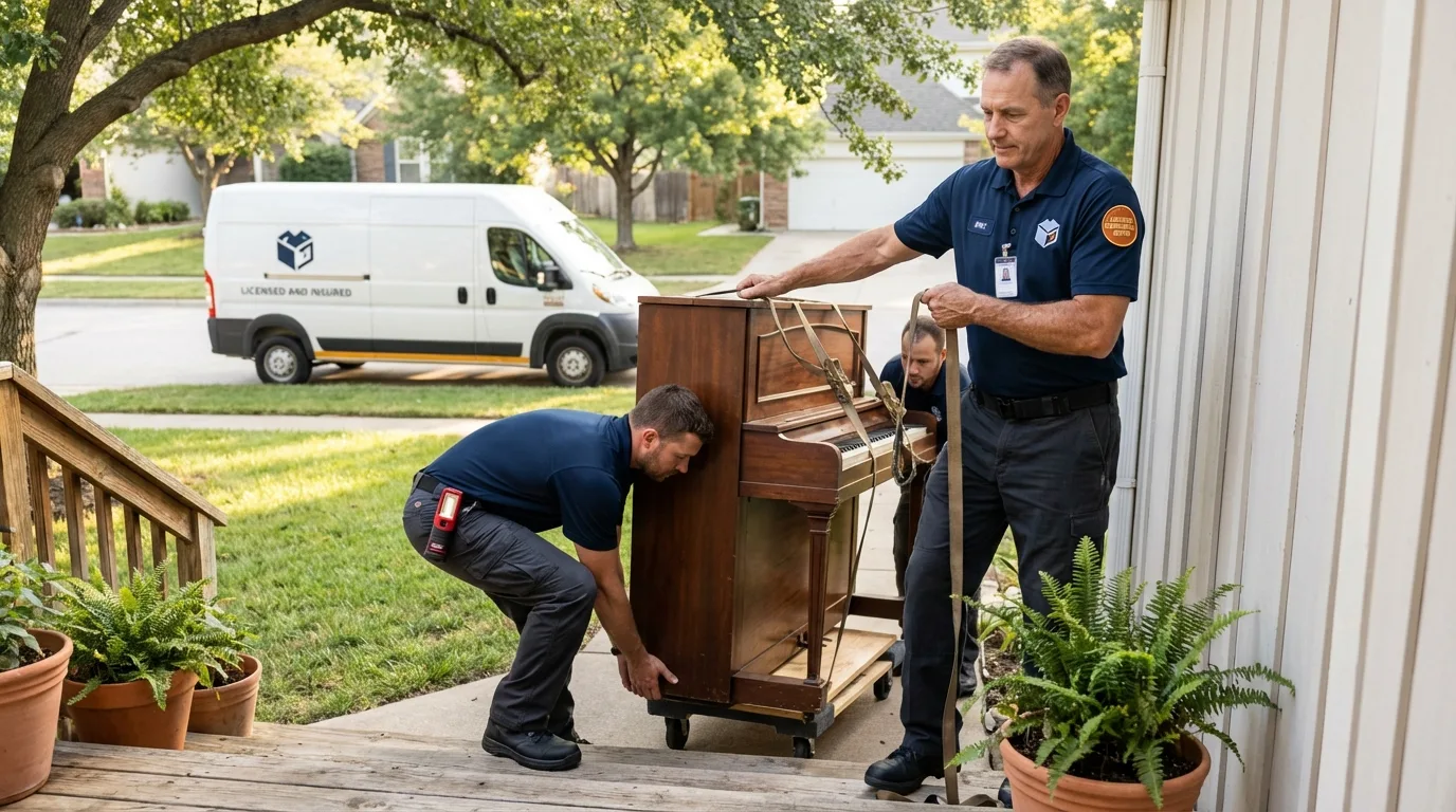 Licensed piano movers securing grand piano in Gainesville, GA